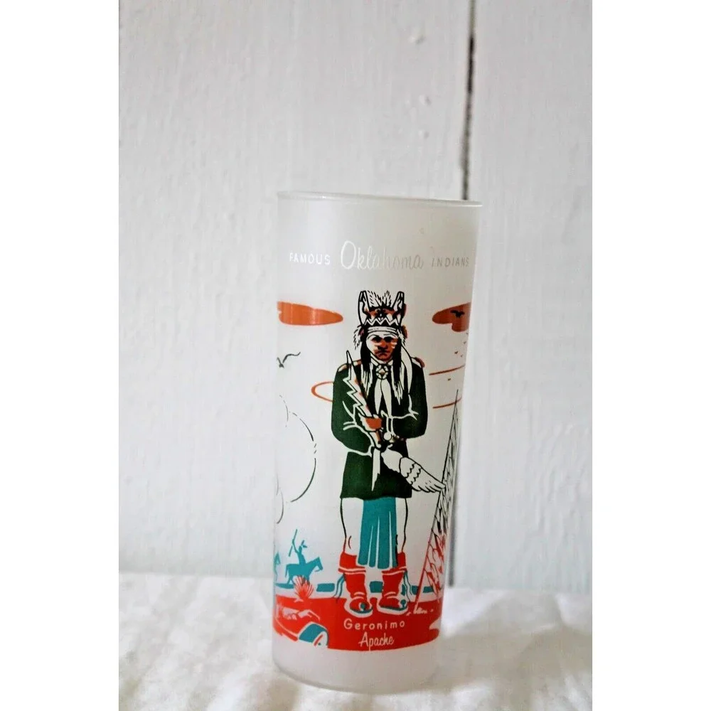 Knox Oil Famous Oklahoma Indians Geronimo Apachie Blue Eagle Frosted Glass 6